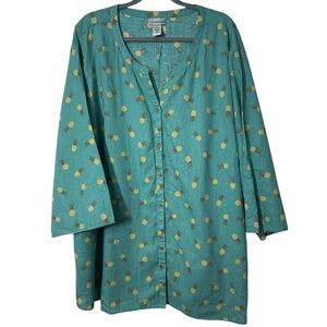 Catherines Linen Blend Pineapple Pattern Button Down Tunic Top Size 2X 22/24W